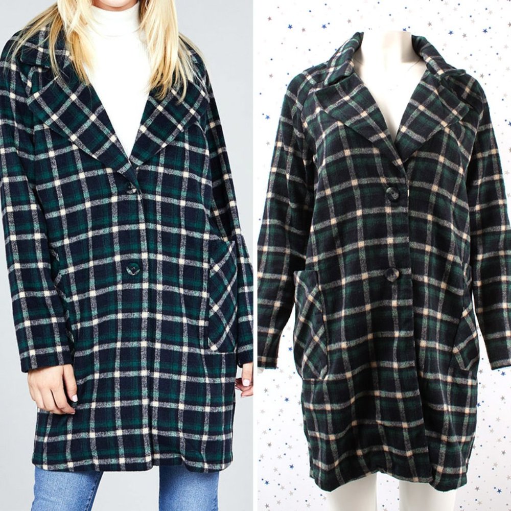 Single Breasted Plaid Pea Coat Jacket Green/Navy